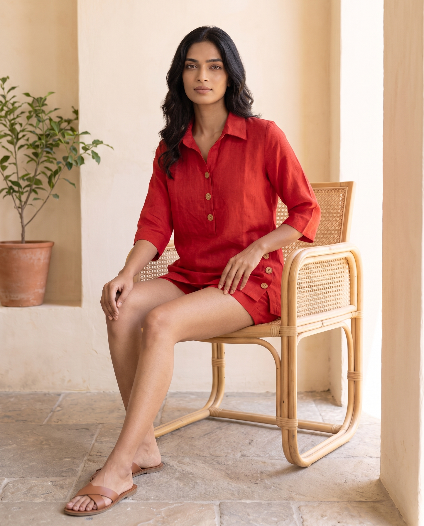 Palms Linen Cord Shorts Red
